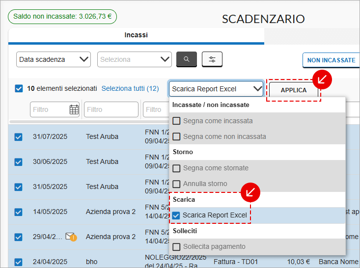 Menu azioni scadenzario con Scarica Report Excel