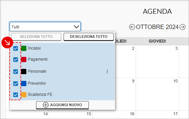 Filtro categorie nell’Agenda con selezione di Incassi, Pagamenti, Personale, Preventivi e Scadenza FE