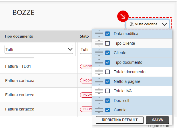 Personalizzazione delle colonne nella lista Bozze nel pannello web