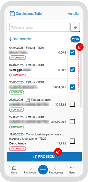 Selezione multipla delle bozze nell’app con pulsante Prosegui