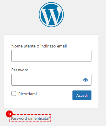 WordPress: schermata di accesso con link Password dimenticata? evidenziato sotto il form di login.