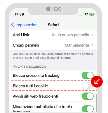 Impostazioni Safari su iOS con disattivazione dell’opzione “Blocca tutti i cookie”