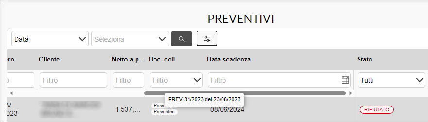 Elenco preventivi con stato Rifiutato e riferimento al documento collegato