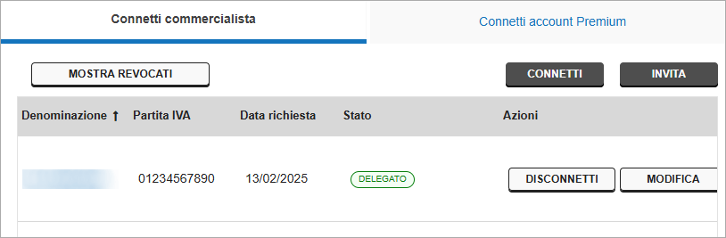 Elenco deleghe con stato Delegato e pulsanti Disconnetti e Modifica
