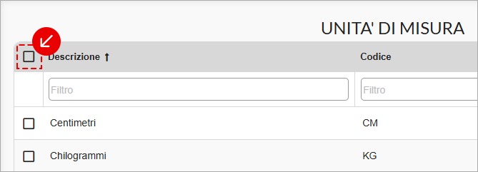 Checkbox selezione tutti nella lista Unità di misura