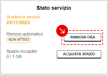 Schermata stato servizio, rinnovo e spazio occupato, pulsanti Rinnova ora e Acquista spazio