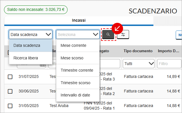 Ricerca nello scadenzario con filtro per data di scadenza