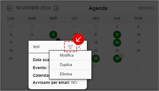 Agenda con pulsante per aprire il menu delle azioni di un evento evidenziato