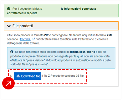 Sezione File prodotti con pulsante Download file per scaricare lo ZIP delle fatture AdE
