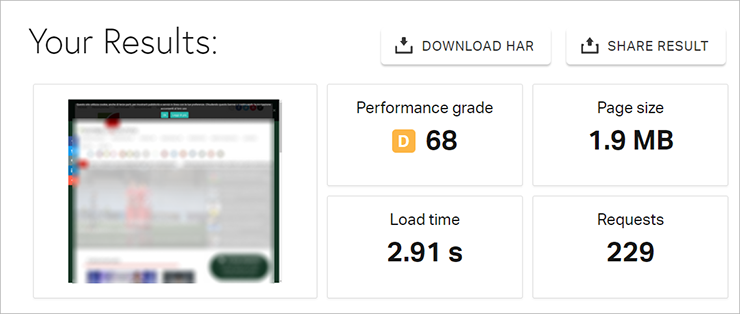 Pingdom risultati: Performance grade 68 (D), Page size 1.9 MB, Load time 2.91 s, Requests 229; pulsanti Download HAR e Share.