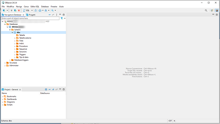 DBeaver – Navigator Database con connessione MSSQL attiva; albero schema espanso (Tabelle, Viste, Procedure, Funzioni).