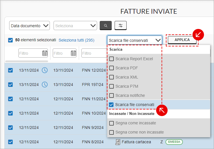 Azioni di massa sulle fatture inviate con opzione per scaricare i file conservati