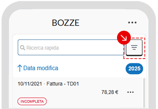 Accesso ai filtri nella sezione Bozze dell’app tramite icona filtro