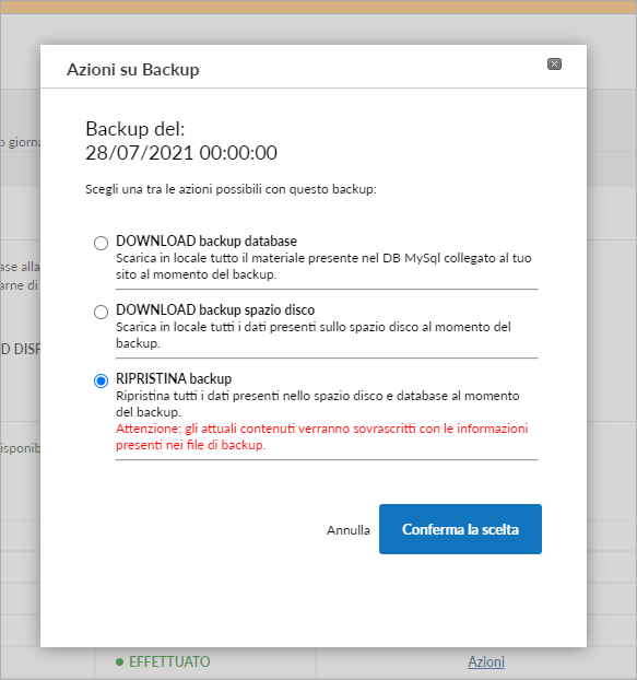 Come fare il download dei backup per i servizi Gestiti