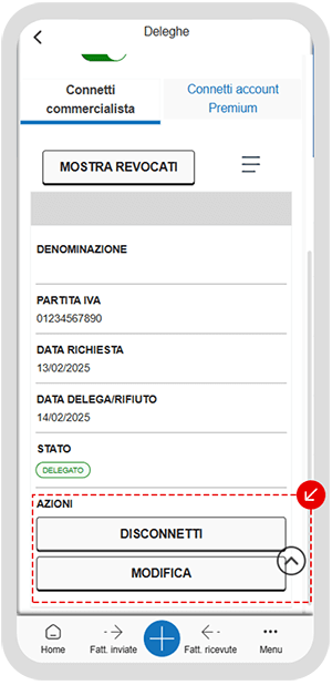 Dettaglio delega in app con pulsanti Disconnetti e Modifica