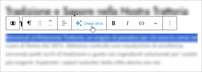 WordPress editor: testo selezionato con barra strumenti; puntatore su Chiedi all’IA.