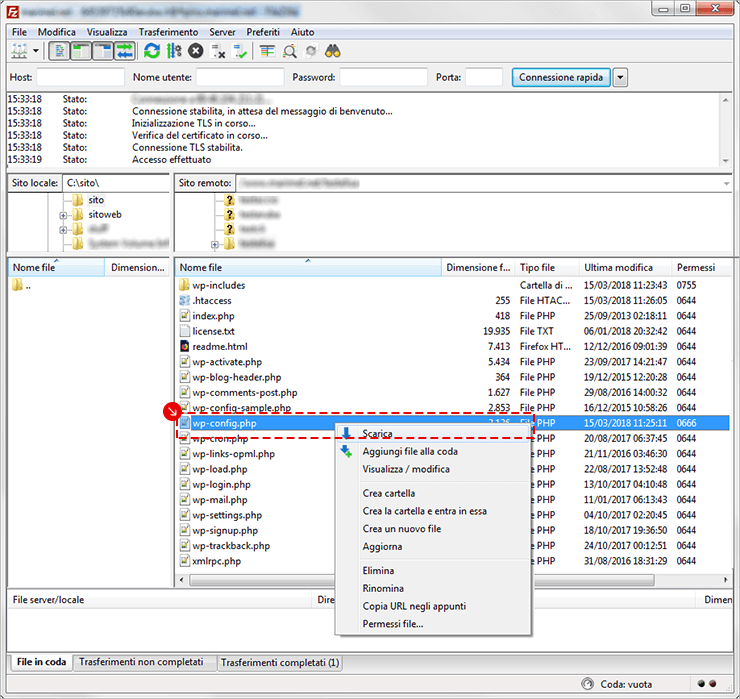 Editor codice: wp-config.php con define('WP_DEBUG', true) evidenziato per attivare il debug.