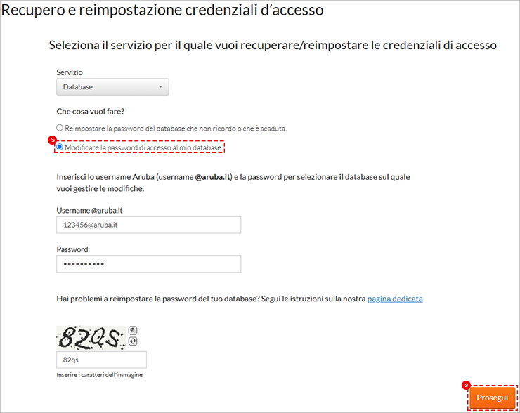 Recupero credenziali: servizio Database, scelta “Modificare la password del database”; inserisci dati e seleziona Prosegui.
