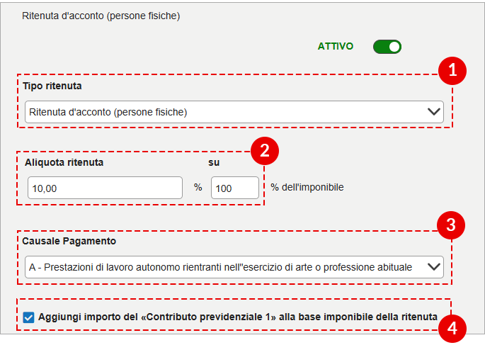 Schermata Ritenuta d’acconto PF attiva: 1 Tipo, 2 Aliquota 10% su 100%, 3 Causale A, 4 aggiungi Contributo previdenziale 1.