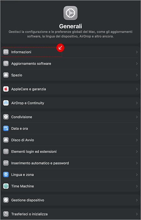 Sezione Generali di macOS con voce Informazioni evidenziata per accedere ai dettagli del sistema.