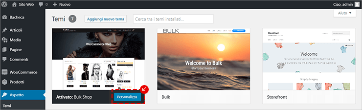 WordPress, Aspetto > Temi: attivo “Bulk Shop”; pulsante Personalizza evidenziato.