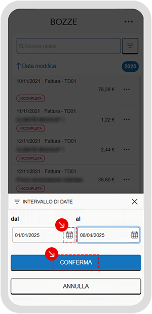 Selezione dell’intervallo di date nella sezione Bozze dell’app con pulsante Conferma