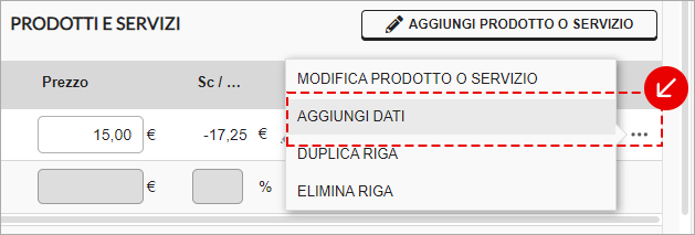 Menu azioni della riga prodotto con opzione Aggiungi dati evidenziata