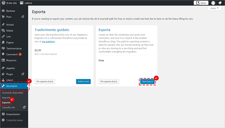 WordPress: vai su Strumenti > Esporta e premi Start Export.