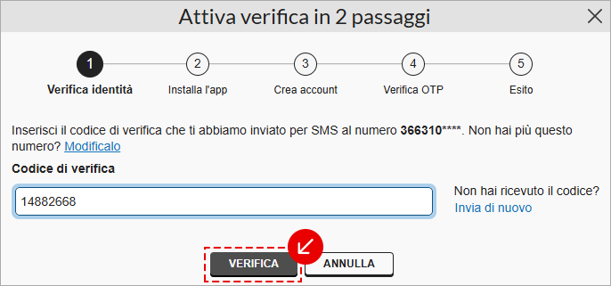 Verifica identità: inserimento del codice ricevuto via SMS e pulsante Verifica