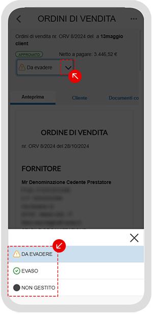 Cambio stato ordine di vendita nell’app con opzioni Da evadere ed Evaso