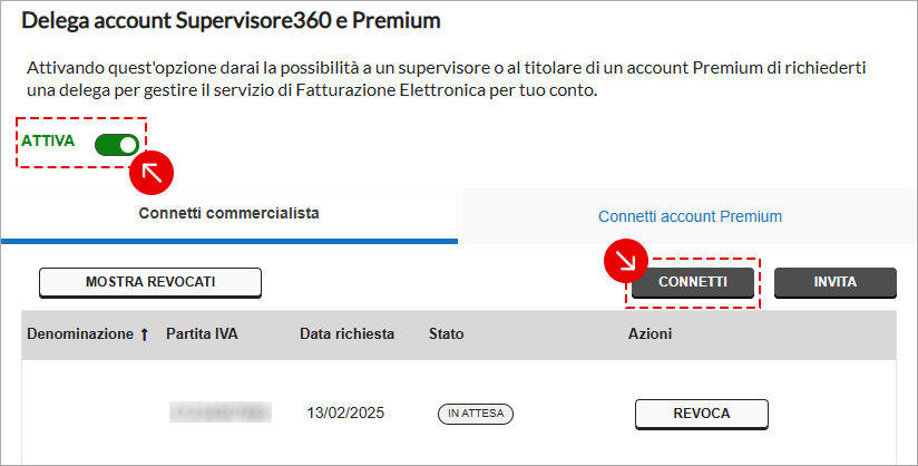 Attivazione delega Supervisor360/Premium con pulsante Connetti e stato richiesta