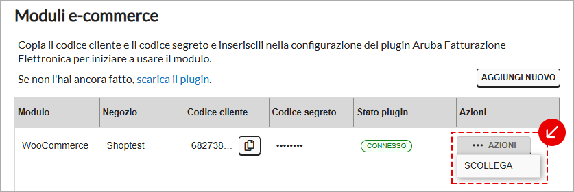 Menu azioni del modulo e-commerce per scollegare il plugin