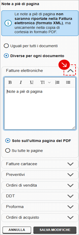 Sezione Note a piè di pagina con editor di testo e opzioni di applicazione nel PDF