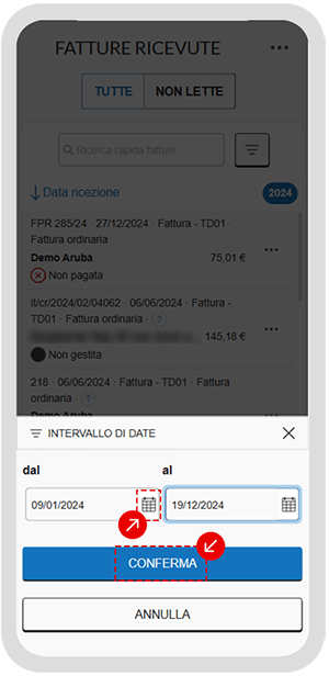 Selezione intervallo di date nella schermata Fatture ricevute dell’app