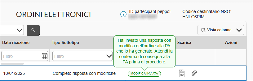 Stato risposta con modifiche inviata alla PA