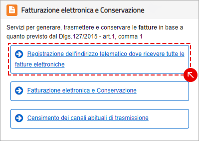 Sezione Fatturazione elettronica e Conservazione con link alla registrazione dell’indirizzo email per la ricezione delle fatture