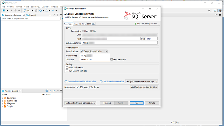 DBeaver – parametri connessione SQL Server: host/porta 1433, database, autenticazione, nome utente/password; pulsante Fine.