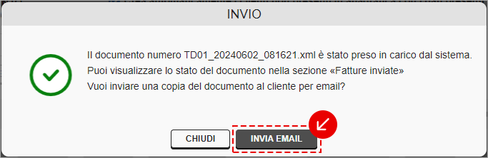 Conferma di invio del documento con opzione per inviare una copia via email