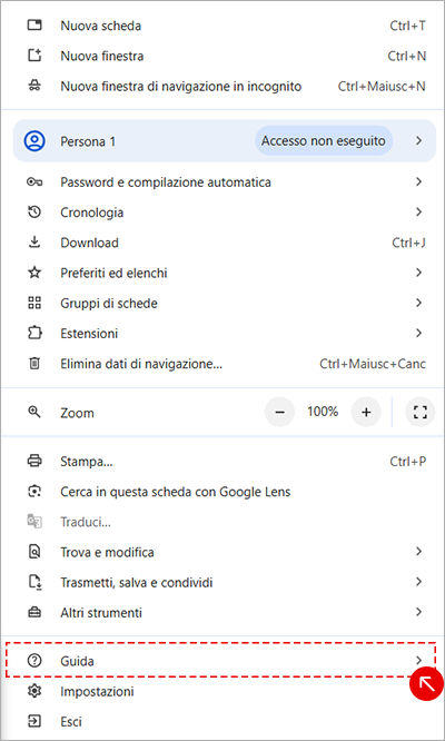Menu di Google Chrome con voce Guida aperta per accedere alle informazioni sul browser