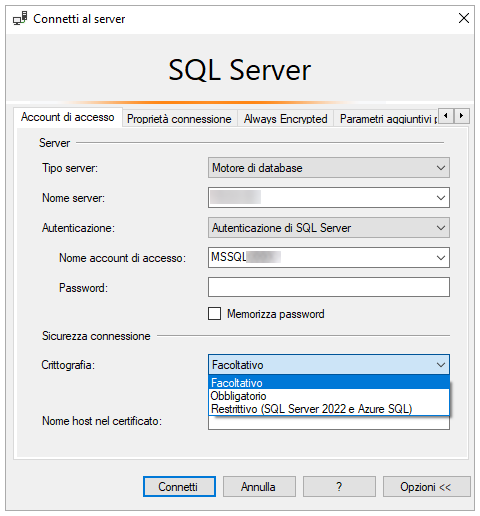 SSMS: Connetti al server; menu Crittografia aperto con opzioni Facoltativo, Obbligatorio e Restrittivo; pulsante Connetti.