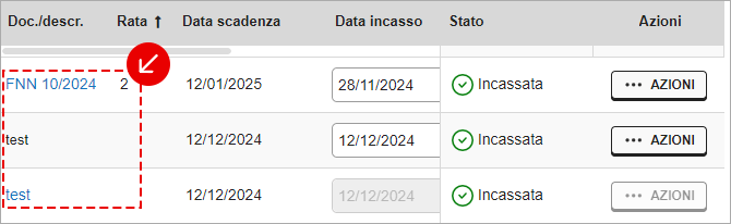 Colonna documento e rata nella lista Incassi
