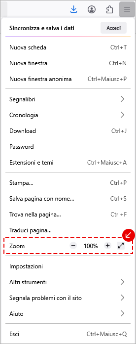 Menu di Mozilla Firefox con opzioni Zoom visibili per ridurre o aumentare la dimensione della pagina