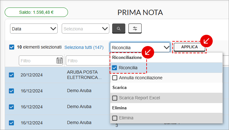 Menu azioni Prima nota con Riconcilia e Applica