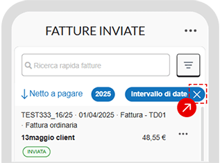 Schermata dell’app con rimozione del filtro per intervallo di date nelle fatture inviate