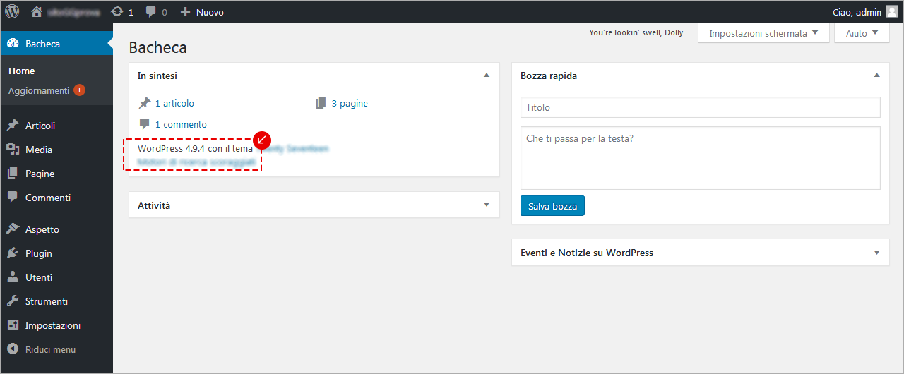WordPress: Bacheca con riquadro In sintesi; versione di WordPress e tema attivo evidenziati.