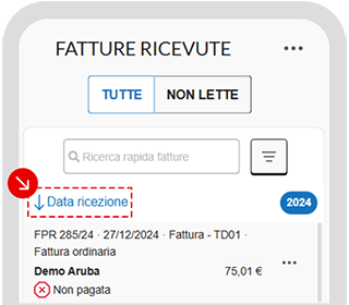 Ordinamento per Data ricezione nella lista delle Fatture ricevute dell’app