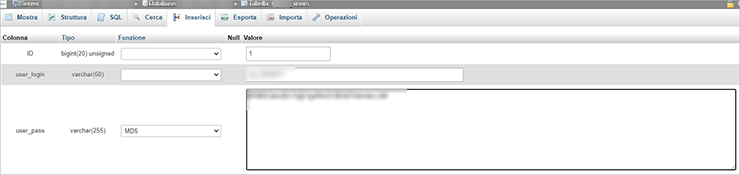 phpMyAdmin: schermata Modifica della tabella wp_users con campi user_login e user_pass modificabili.