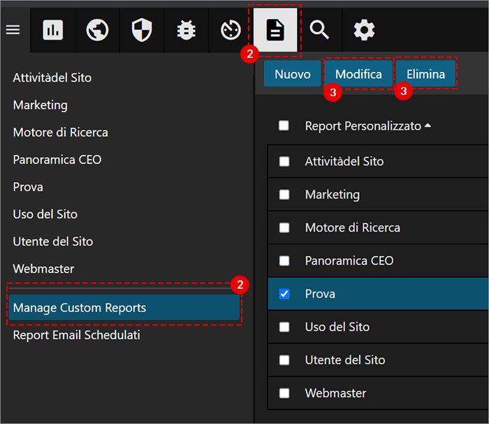 Schermata Manage Custom Reports: elemento Prova selezionato; pulsanti Nuovo, Modifica, Elimina disponibili.