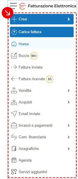 Menu dell’app Fatturazione Elettronica con le principali sezioni disponibili