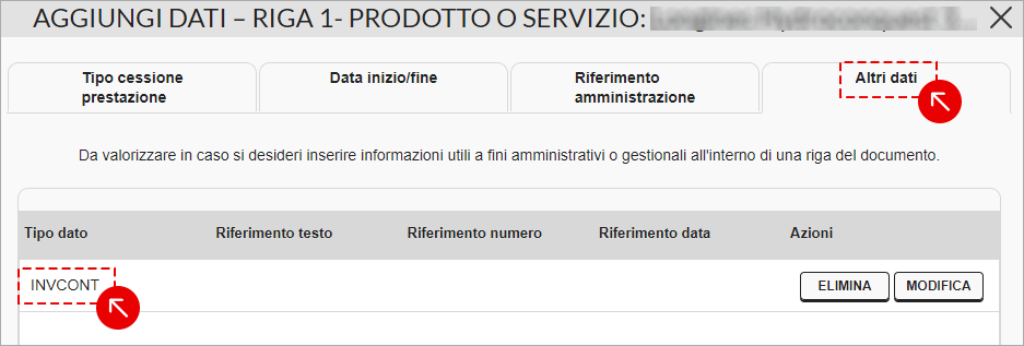Schermata di aggiunta dati alla riga di prodotto o servizio con sezione Altri dati selezionata